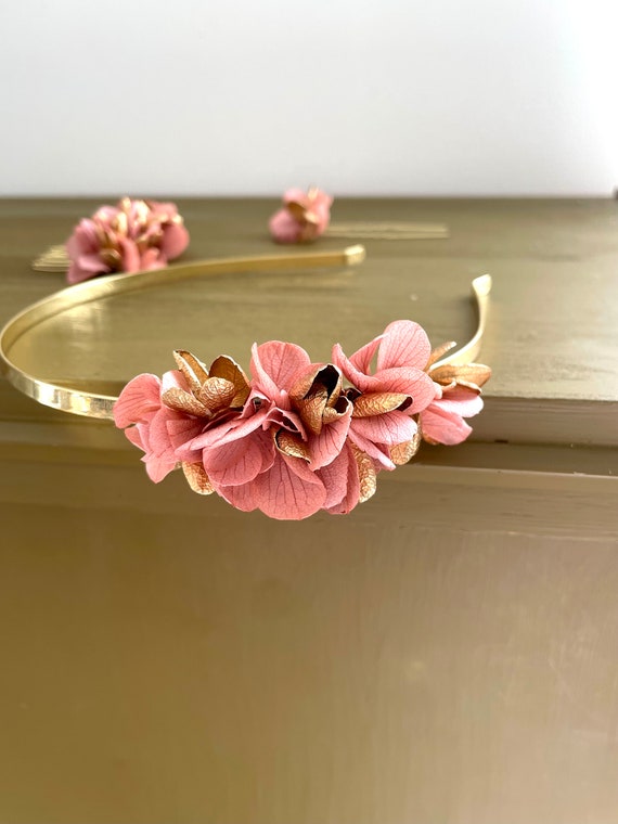 Rose gold, floral headband Rose Gold Side Bridal Headband, Floral Pearl Tiara, Bridal  main image 3