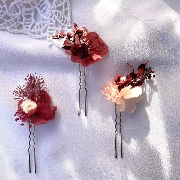 Pique à  chignon fleurs stabilisées — ANAÏS bordeaux/rose (3 styles à choisir)
