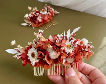 Preserved flower comb --VIVIANE terracotta pink and white