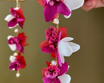 stabilized flower and freshwater pearl earrings — JOANNA red/fuchsia/white
