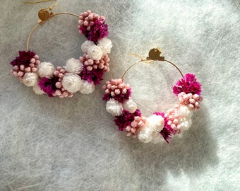 Collection "PETIT MIGNON" boucles d'oreilles fleurs stabilisées-- LYDIA fuchsia blanc