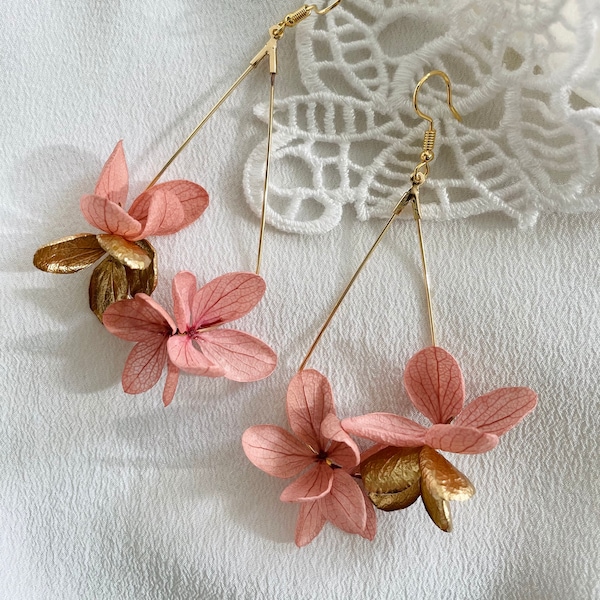 Preserved flower earrings--JULIETTE old pink and gold