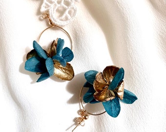 boucles d'oreilles fleurs stabilisées -- JULIA bleu pétrole or