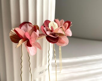 Forcina per capelli con fiori conservati — AGATHE bordeaux, rosa antico e oro
