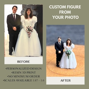 Könnte beinhalten: Bild, das ein Hochzeitsfoto mit einer Miniatur-3D-gedruckten Replik vergleicht. Das Originalfoto zeigt ein Paar in Hochzeitskleidung. Die Miniaturfiguren sind in einer ähnlichen Pose. Text: "CUSTOM FIGURE FROM YOUR PHOTO."