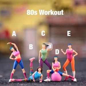 May include: A group of miniature figures in vibrant 80s workout clothing, such as leotards and leg warmers, are shown in exercise poses. The image includes the text "80s Workout", creating a retro fitness theme.