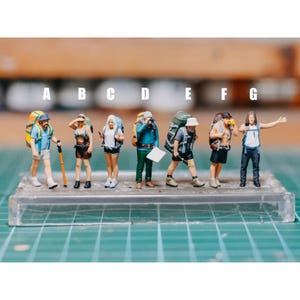 Può includere: Figurine in miniatura di escursionisti con zaini ed equipaggiamento. Le figure indossano abiti da trekking, con zaini di vari colori. Le figure sono su una base di plastica trasparente, con uno sfondo verde e blu.