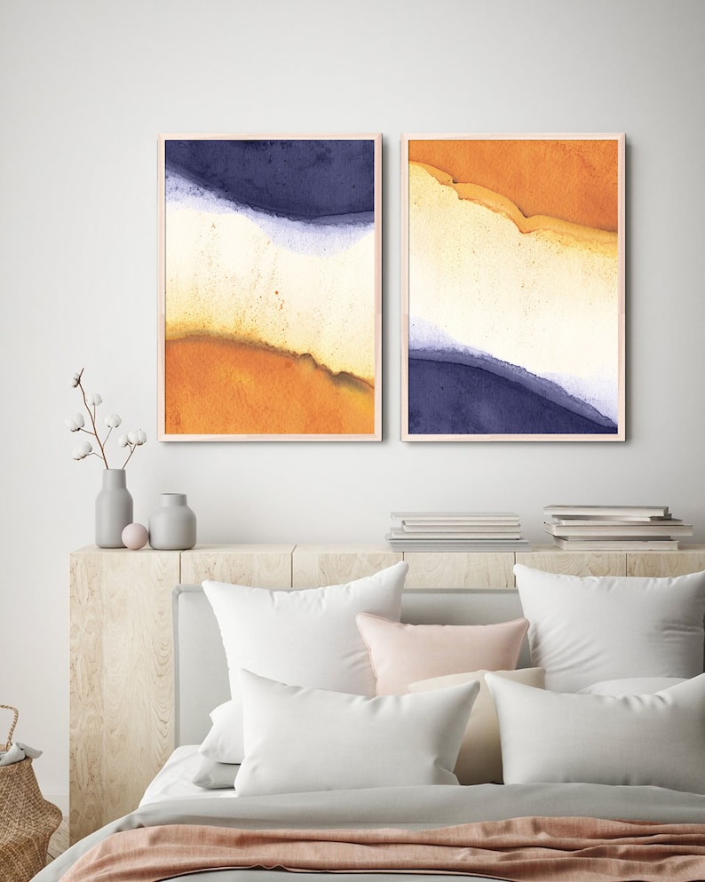 Navy Orange Printable wall art Abstract Print Downloadable Set Etsy