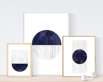 Set of 3 Navy Printable wall art Living room print Downloadable Mid century modern art Gallery wall set