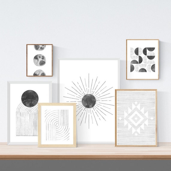 Gallery wall set of 6 Black white Printable wall art Abstract Print Downloadable Minimalist print Monochrome line art print Mid-century art