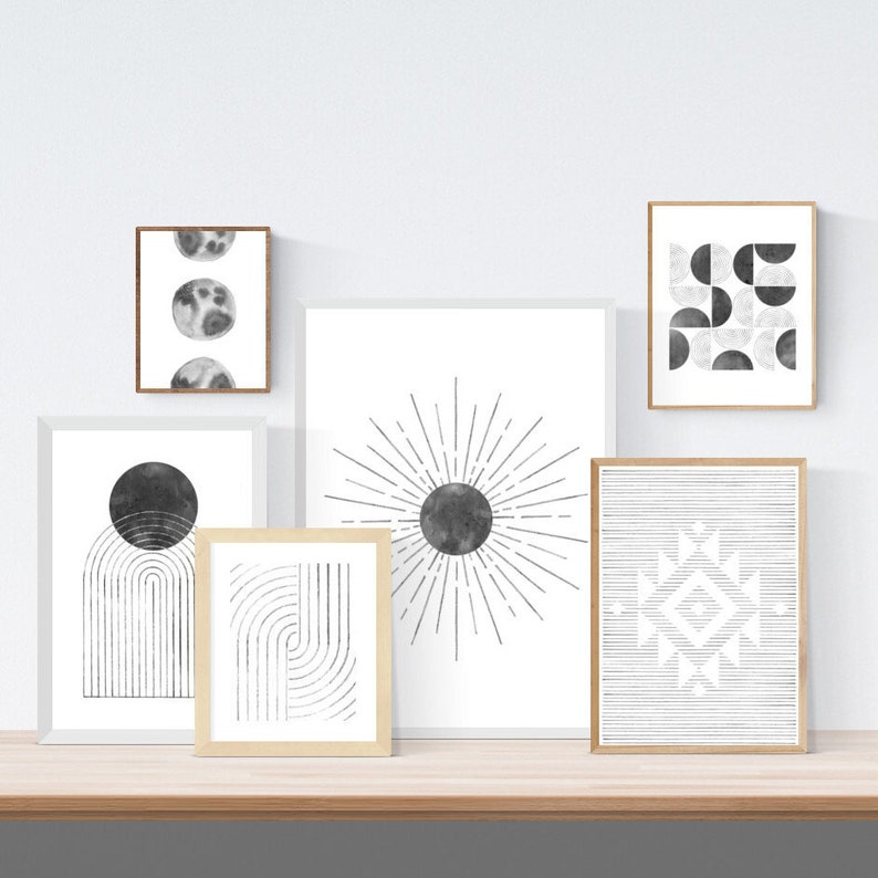 Gallery wall set of 6 Black white Printable wall art Abstract Print Downloadable Minimalist print Monochrome line art print Mid-century art