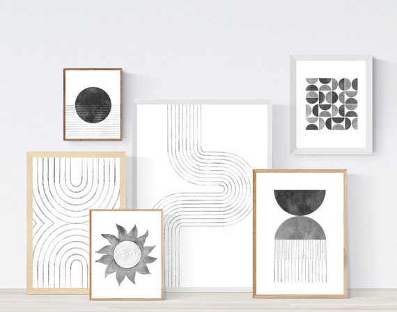 Gallery wall set of 6 Black white Printable wall art Abstract Print Downloadable Minimalist print Monochrome line art print Mid-century art