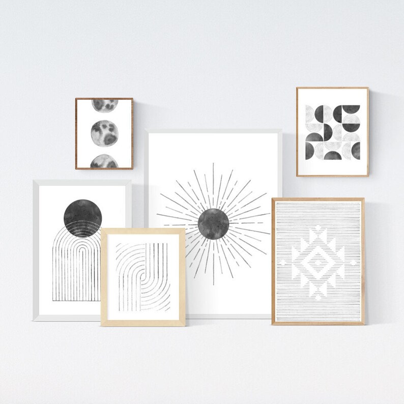 Gallery wall set of 6 Black white Printable wall art Abstract Print Downloadable Minimalist print Monochrome line art print Mid-century art