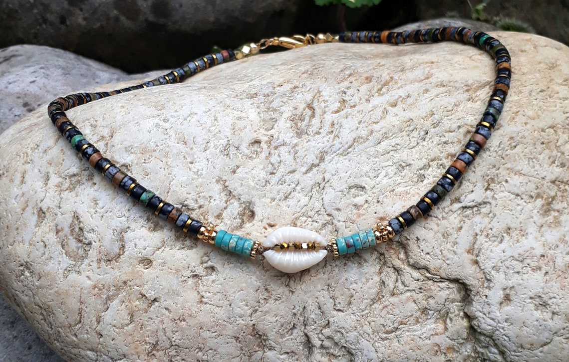 Natural Tahitian shell necklace heishi stones semi-precious | Etsy