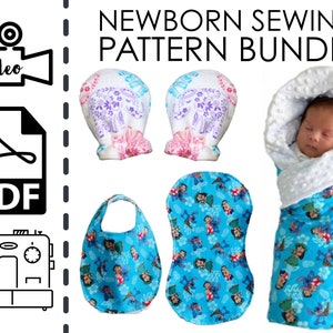 Naaipatronen voor pasgeboren baby&#39;s Bundel & tutorials | Eenvoudig doe-het-zelf-babyshowercadeau om te naaien | Jongen, meisje, slabbetje, deken, spuugdoekje zonder krassen want