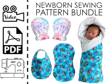 Neugeborene Schnittmuster Bundle & Tutorials | Einfaches DIY Baby Shower Geschenk zum Nähen | Junge, Mädchen, Lätzchen, Decke, Spucktuch No Scratch Fäustlinge