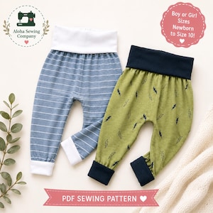 May include: Two pairs of baby pants featuring a PDF sewing pattern. One pair is blue with white horizontal stripes and white cuffs. The other pair is olive green with a black lightning bolt print and dark navy blue cuffs and waistbands.