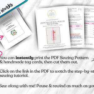 May include: A printer with a document labeled "How it works" and instructions for a sewing pattern. The instructions include printing the PDF, watching a tutorial, and sewing along. The document includes the text "ZIPPED PENCIL POUCH BOOKMARK".