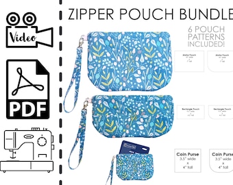 Bundle of 6 Zipper Pouch Clutch Sewing Patterns & VIDEO Tutorial | Printable pdf | Easy DIY Gift to Sew | Purse Wallet | ID Gift Card Holder