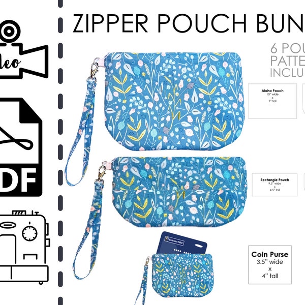 Bundle of 6 Zipper Pouch Clutch Sewing Patterns & VIDEO Tutorial | Printable pdf | Easy DIY Gift to Sew | Purse Wallet | ID Gift Card Holder