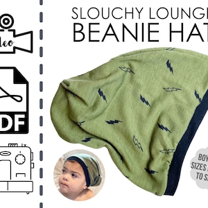 Può includere: Un berretto verde con un motivo a fulmini neri. Il berretto è fatto per neonati fino alla taglia 10. L'immagine include il testo "SLOUCHY LOUNGE BEANIE HAT" e "BOY OR GIRL SIZES NEWBORN TO SIZE 10!"