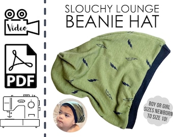 Slouchy Lounge Beanie Hat Sewing Pattern & VIDEO Tutorial | Printable PDF | Easy DIY Gift to Sew | Instant Download | Babies, Toddler, Kids