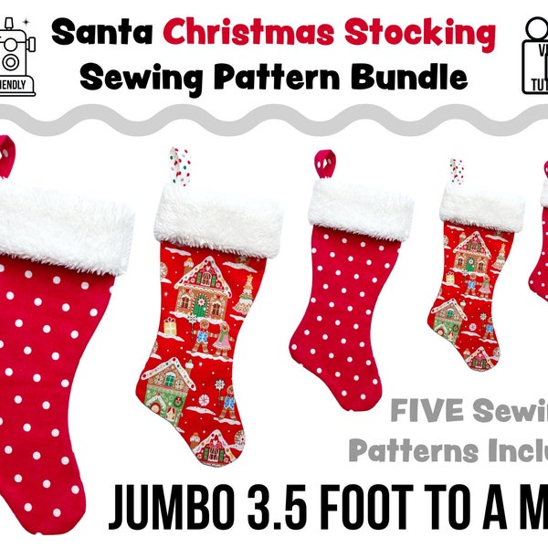 SALE FIVE Christmas Stocking Sewing Patterns with a Video Tutorial | Easy diy Holiday Gift to Sew | Beginners | Mini, Med, Large, XL, Jumbo