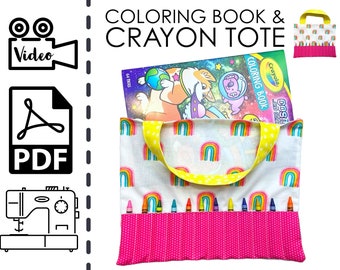 Beginners Crayon and Coloring Book Tote Bag Sewing Pattern & VIDEO Tutorial | Printable PDF | Easy DIY Gift to Sew | Instructions | Kid Gift