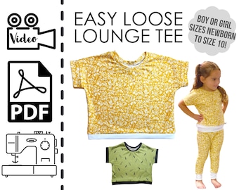 Easy Lounge Tee Sewing Pattern & VIDEO Tutorial | Printable PDF | Easy DIY Gift to Sew | Instant Download | Newborn to Kids Size 10 Shirt