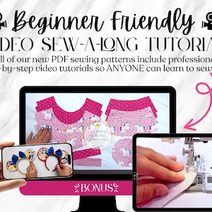 May include: Image promoting beginner-friendly sewing tutorials. The text reads "Beginner Friendly VIDEO SEW-A-LONG TUTORIAL". The image shows a computer screen and a tablet displaying sewing patterns and a sewing machine. A phone displays examples of headbands.