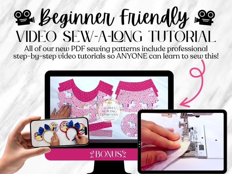 May include: Image promoting beginner-friendly sewing tutorials. The text reads "Beginner Friendly VIDEO SEW-A-LONG TUTORIAL". The image shows a computer screen and a tablet displaying sewing patterns and a sewing machine. A phone displays examples of headbands.