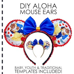 Puede incluir: DIY ALOHA MOUSE EARS. BABY, YOUTH & TRADITIONAL TEMPLATES INCLUDED! Una diadema con dos orejas circulares de tela blanca con estampado de Bella y Bestia, borde de pompones rojos y un gran lazo de satén azul con una banda central amarilla.