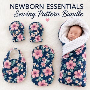 Paquete de patrones y tutoriales de costura para bebés recién nacidos / Regalo fácil para baby shower (hágalo usted mismo) / Babero, manta, paño para eructar y manopla antiarañazos para niño y niña