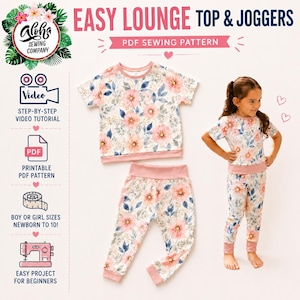 May include: A PDF sewing pattern for an easy lounge top and joggers set. The design features a floral print with pink flowers and blue leaves on a white background, accented by solid pink trim on the neckline, cuffs, and waistband.