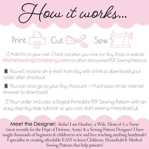 May include: How to download and use a digital sewing pattern. The image shows a printer, scissors, and a sewing machine with the text "Print, Cut, Sew". The text also includes the website AlohaSewingCompany.com and a description of the designer, Heather, who is a wife, mom, nurse, and sewing pattern designer.