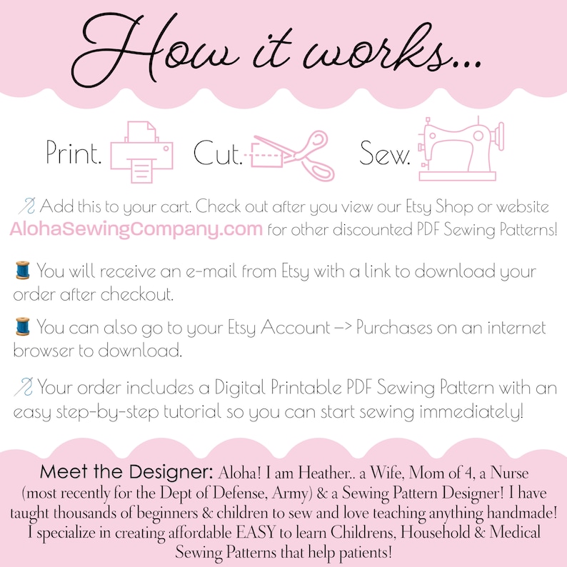 May include: How to download and use a digital sewing pattern. The image shows a printer, scissors, and a sewing machine with the text "Print, Cut, Sew". The text also includes the website AlohaSewingCompany.com and a description of the designer, Heather, who is a wife, mom, nurse, and sewing pattern designer.