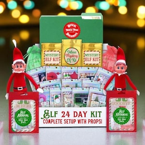 May include: A festive Elf 24 Day Kit with props, featuring a green folder, gold boxes labeled "Mystery Elf Kit", and two elf dolls. The kit includes "Elf Arrival" and "Elf Goodbye" packs. The text "Official North Pole Documents" is visible.