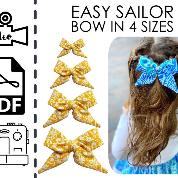 Fabric Sailor Hair Bow Sewing Pattern & VIDEO Tutorial | Printable PDF | Easy DIY Gift to Sew | Instant Download | Beginners Fabric Bow Girl