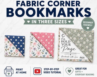 Printable Fabric Corner Bookmark PDF Sewing Pattern | Fast & Easy Beginner Sewing Project | Book Lover Gift to Sew | Scrap Buster in 3 Sizes