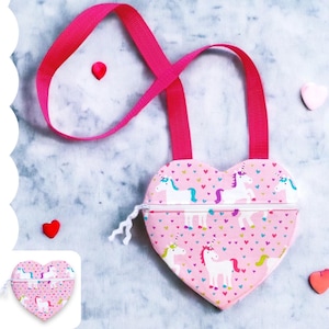 Patron de couture de pochette ou sac à main en forme de coeur à fermeture éclair et tutoriel vidéo | PDF imprimable | Cadeau bricolage facile à coudre pour débutants | Les tout-petits. Filles, femmes