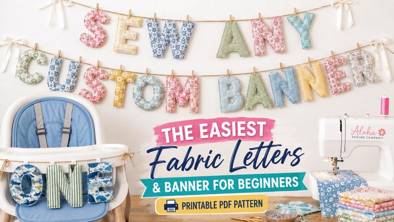 May include: A fabric banner featuring stuffed letters in various floral and patterned fabrics hanging on a string. Text reads: THE EASIEST Fabric Letters & BANNER FOR BEGINNERS PRINTABLE PDF PATTERN. A sewing machine and a high chair are visible.