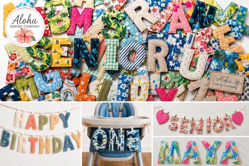 May include: A collection of fabric letters featuring various floral, striped, and patterned prints with scalloped edges. The display includes examples of these letters arranged as banners spelling Happy Birthday, One, Senior, and the name Maya.