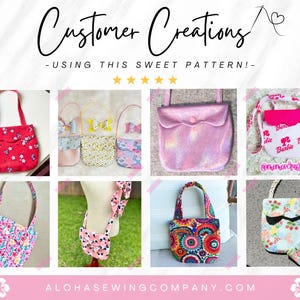 Może przedstawiać: Kolaż ośmiu ręcznie wykonanych torebek z r&oacute;żnymi wzorami tkanin, w tym kwiatowymi, geometrycznymi i z nadrukiem Barbie. Tekst Customer Creations - USING THIS SWEET PATTERN! oraz ALOHASEWINGCOMPANY.COM znajduje się na g&oacute;rze i na dole.