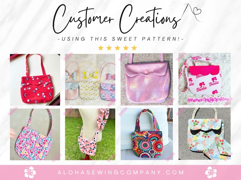 Może przedstawiać: Kolaż ośmiu ręcznie wykonanych torebek z r&oacute;żnymi wzorami tkanin, w tym kwiatowymi, geometrycznymi i z nadrukiem Barbie. Tekst Customer Creations - USING THIS SWEET PATTERN! oraz ALOHASEWINGCOMPANY.COM znajduje się na g&oacute;rze i na dole.
