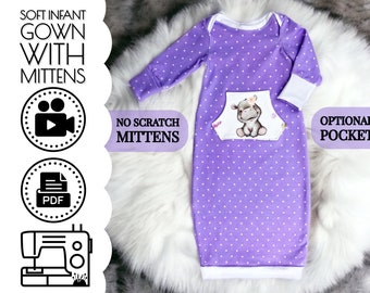 Infant Baby Gown with No Scratch Mittens Sewing Pattern & VIDEO Tutorial | Printable PDF | Easy DIY Babies Gift to Sew | Beginners Template