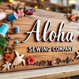 May include: Wooden sign with the words "Aloha SEWING COMPANY" in white lettering. The sign is decorated with floral and sea turtle accents, and spools of thread. The sign is made of wood and has a natural finish.