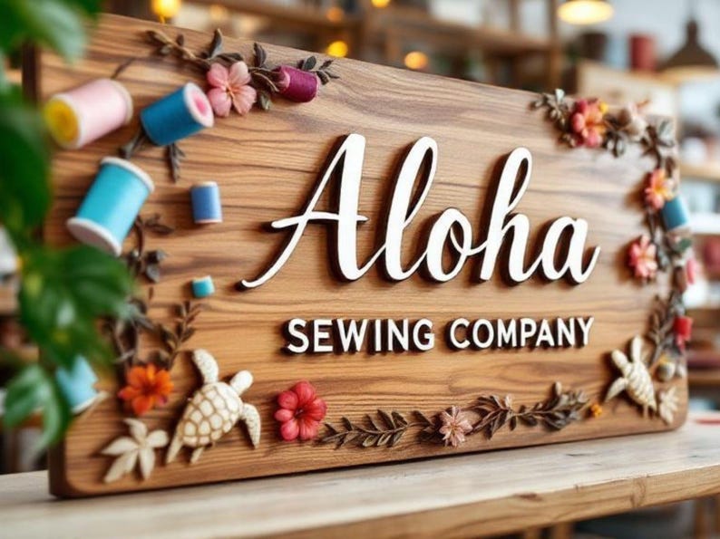 May include: Wooden sign with the words "Aloha SEWING COMPANY" in white lettering. The sign is decorated with floral and sea turtle accents, and spools of thread. The sign is made of wood and has a natural finish.