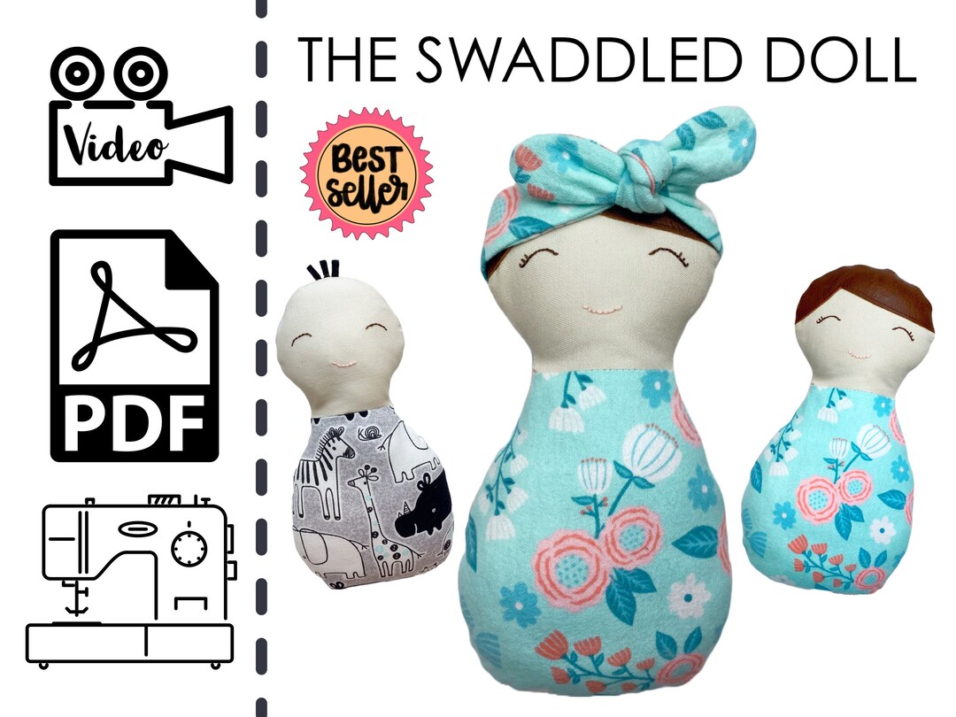 Swaddled Fabric Baby Doll Sewing Pattern & VIDEO Tutorial, Rag Doll, Soft, Beginners Project