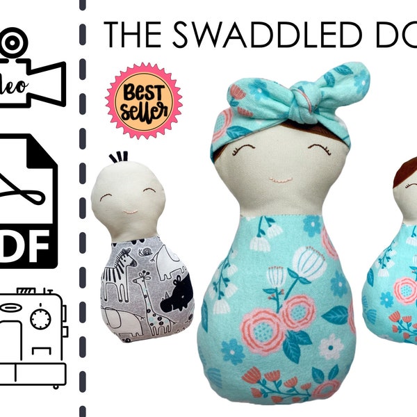 Swaddled Fabric Baby Doll Sewing Pattern & VIDEO Tutorial, Rag Doll, Soft, Beginners Project | PDF imprimable | Cadeau enfant bricolage facile à coudre