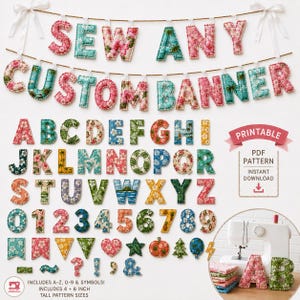 May include: A printable PDF sewing pattern for fabric letters, numbers, and symbols featuring tropical floral and palm tree prints. The set includes A-Z, 0-9, and various shapes, with 4-inch and 6-inch tall pattern sizes for custom banners.
